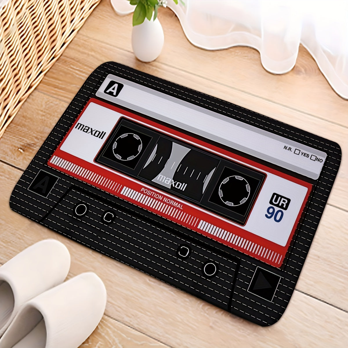 Retro Cassette Tape Design Soft Flannel Anti-Slip Rug Pad - Machine Washable, Rectangle, Braided Weave, Medium Pile, Machine Made Polyester, Non-Slip Backing for Kitchen, Bathroom, Indoor Entrance, Decorative Floor Mat for Li