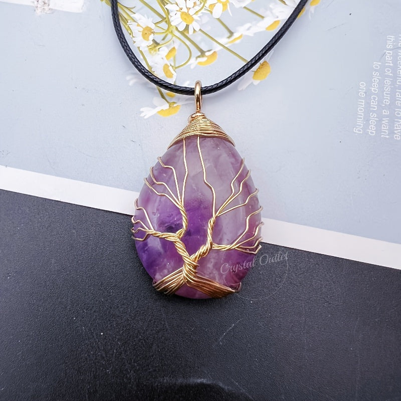 1pc Natural Crystal Droplet Cooper Tree Of Life Charm Pendant Necklace, Black Faux Leather Chakra Gemstone Jewelry Gifts For Women Men