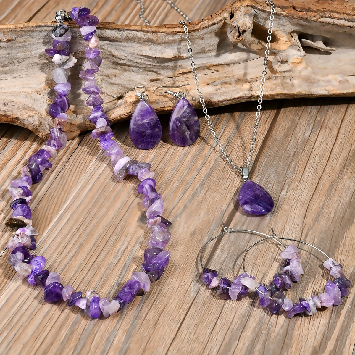 6pcs Irregular Purple Crystal Necklace Earrings Set, Bohemian Fashion, for Daily, Holiday, Gift