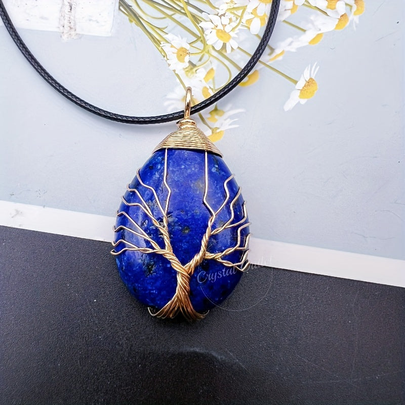 1pc Natural Crystal Droplet Cooper Tree Of Life Charm Pendant Necklace, Black Faux Leather Chakra Gemstone Jewelry Gifts For Women Men