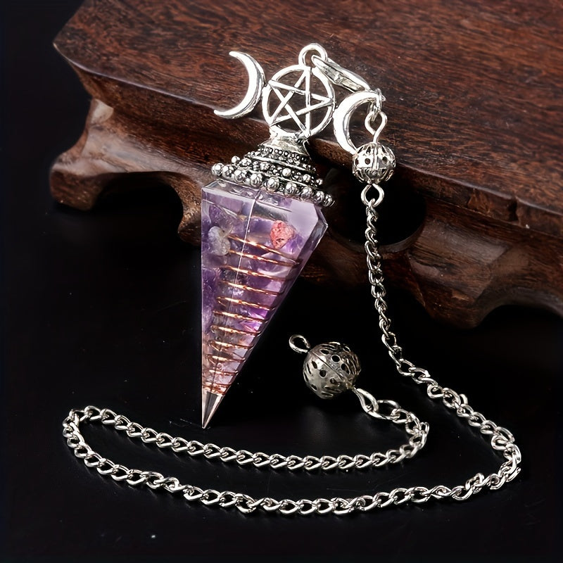 1PC Seven Chakra Gravel Resin Artificial Crystal Pendant, Divination Moon Chakra Hexagonal Cone Pendulum