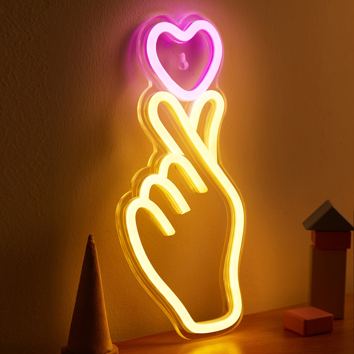 [LED Neon Sign] 1pc LED Neon Sign, Finger Heart Design | 5V USB Powered, Plastic, Wall Hanging, Switch Control, Bedroom Decor, No Battery Required