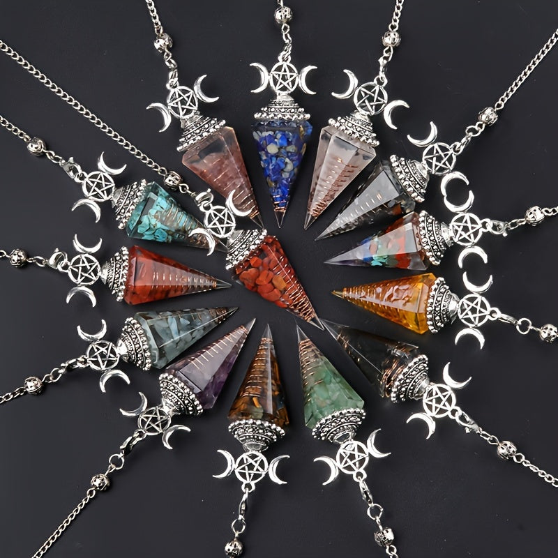 1PC Seven Chakra Gravel Resin Artificial Crystal Pendant, Divination Moon Chakra Hexagonal Cone Pendulum