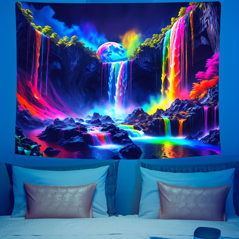 1pc  Waterfall With Rainbow Forest Nightscape Fluorescent Tapestry, Galaxy Nature Landscape Polyster UV Blacklight Tapestry, Holiday Gift, Wall Hanging For Living Room Bedroom Office Home Decor/Room Decor/Party Decor, With Fr