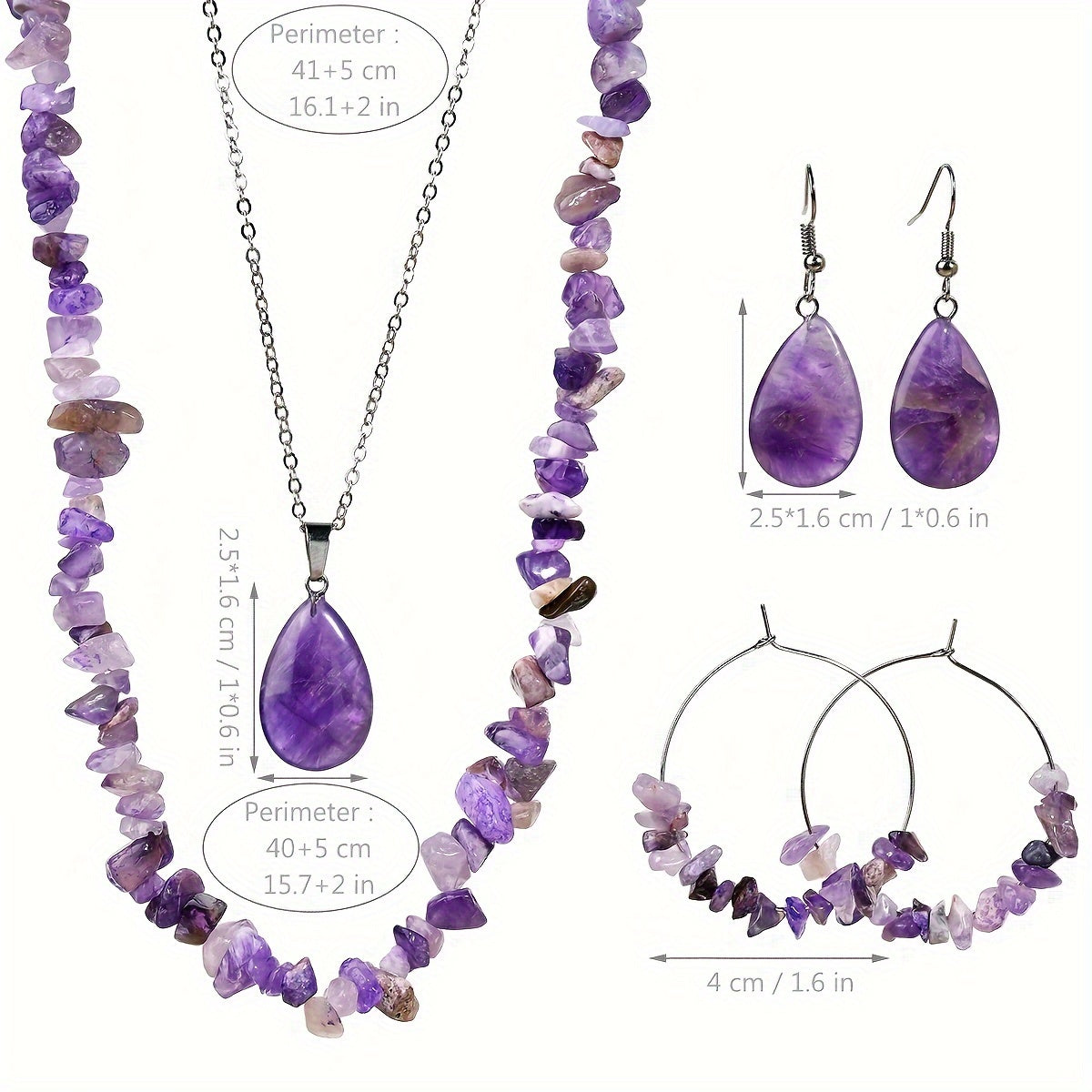 6pcs Irregular Purple Crystal Necklace Earrings Set, Bohemian Fashion, for Daily, Holiday, Gift