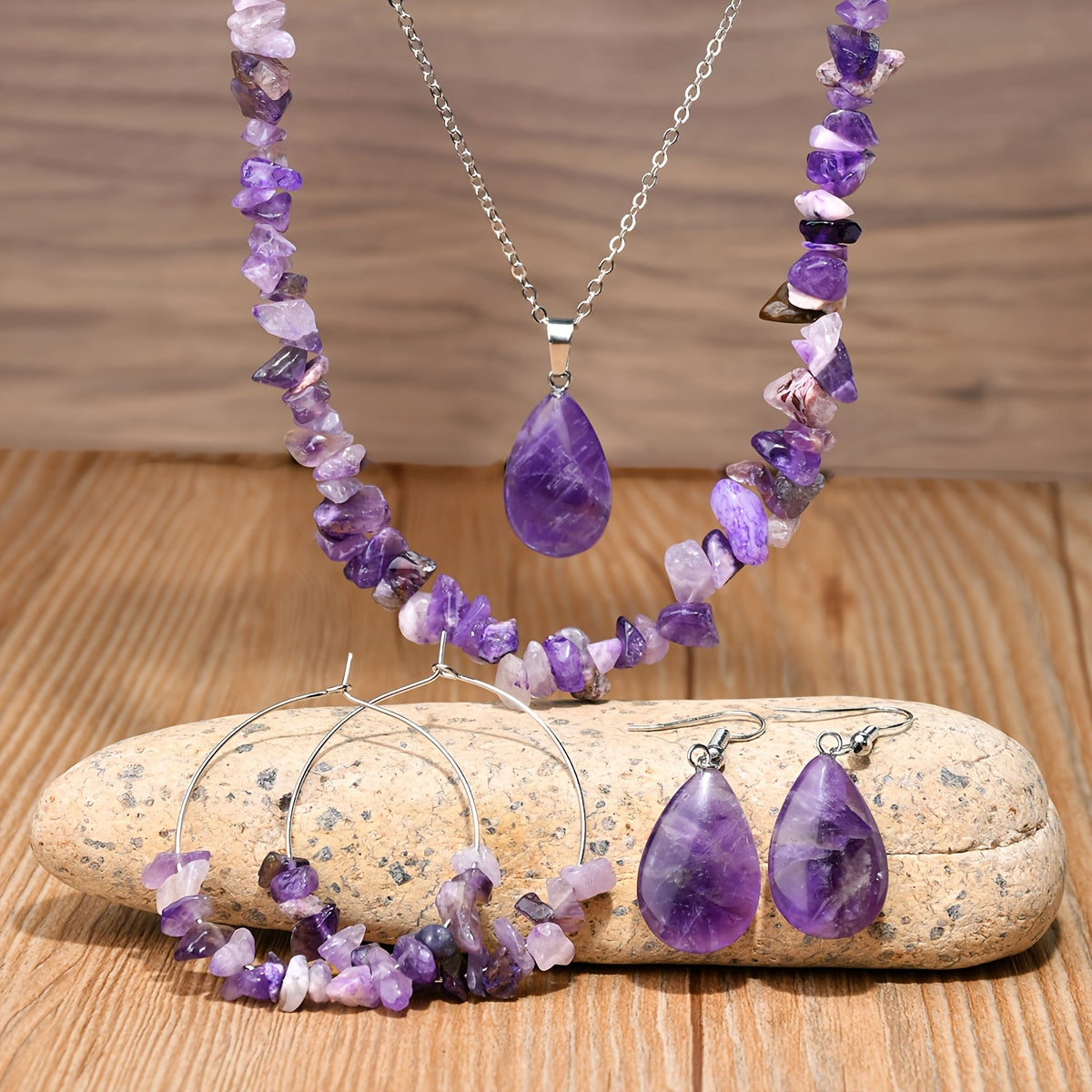 6pcs Irregular Purple Crystal Necklace Earrings Set, Bohemian Fashion, for Daily, Holiday, Gift