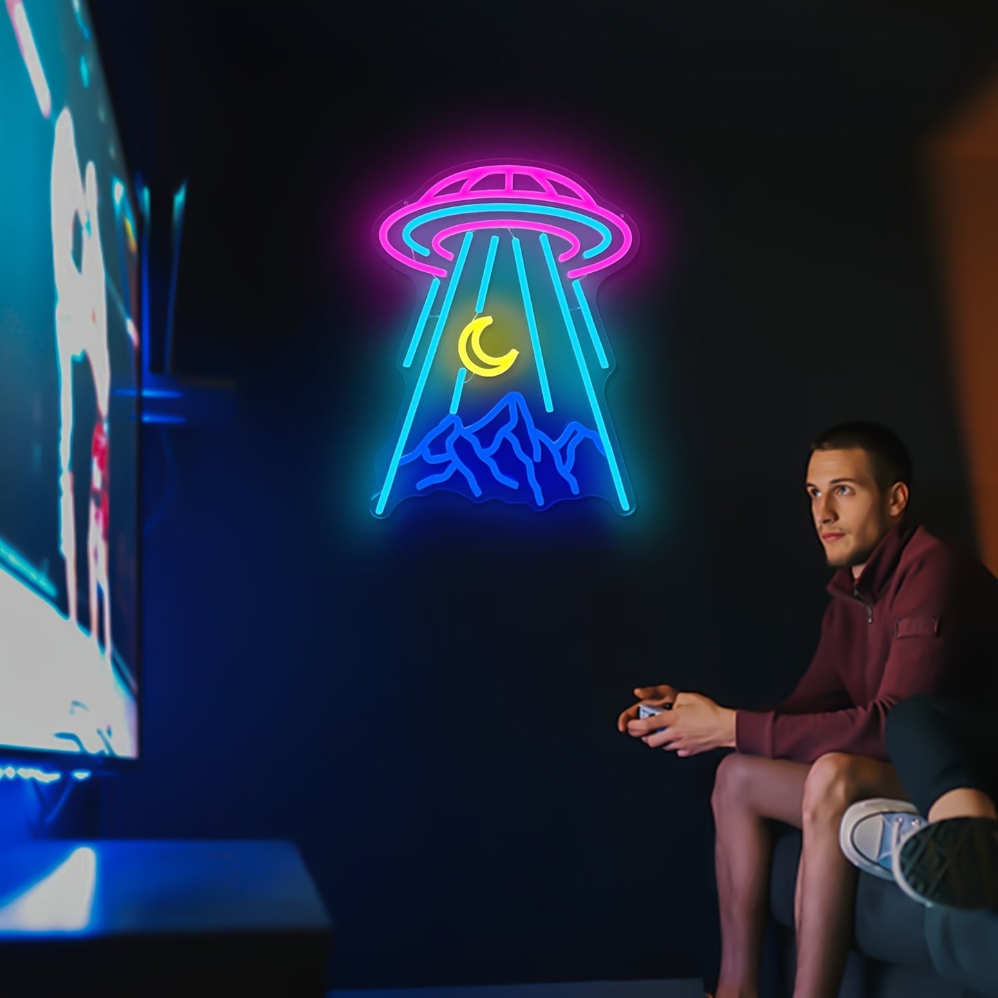 UFO & Moon LED Neon Sign - Dimmable Alien Spaceship Wall Decor for Bedroom, Game Room, Beer Bar, Nightclub, and Shop - USB Powered