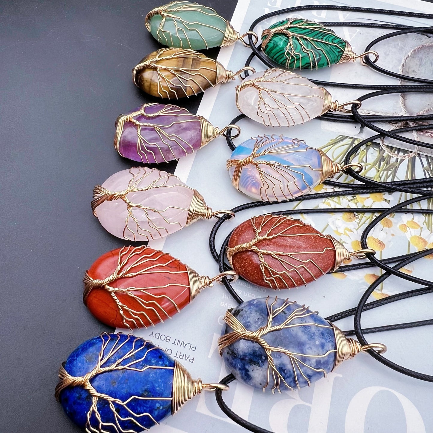 1pc Natural Crystal Droplet Cooper Tree Of Life Charm Pendant Necklace, Black Faux Leather Chakra Gemstone Jewelry Gifts For Women Men