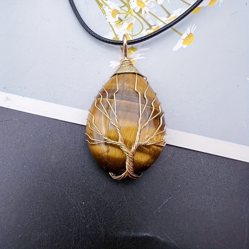 1pc Natural Crystal Droplet Cooper Tree Of Life Charm Pendant Necklace, Black Faux Leather Chakra Gemstone Jewelry Gifts For Women Men