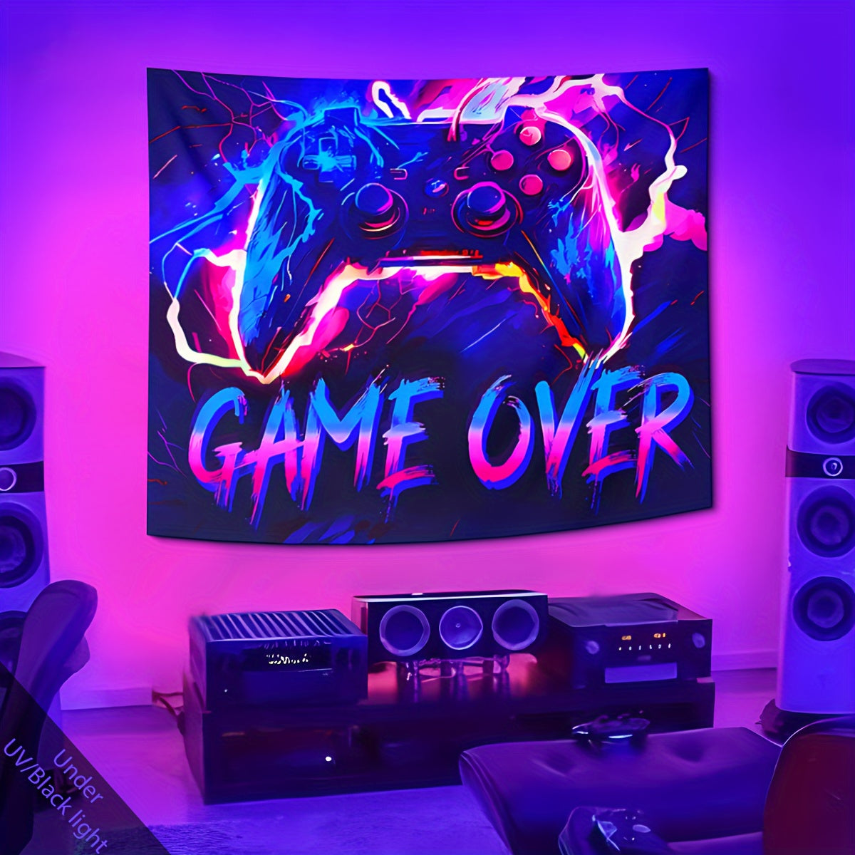 1pc Fluorescent Gaming Tapestry - Vibrant Gaming Theme, UV Blacklight Neon Lights - Ideal for Game Rooms, Dorms, Living Spaces - Enhance Your Home Decor with Dynamic Glow - Free Installation Kit Included