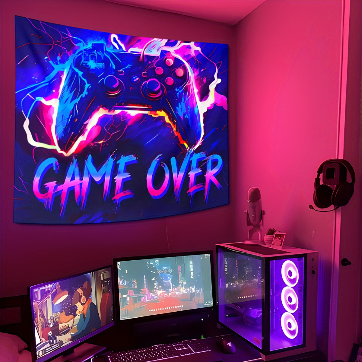 1pc Fluorescent Gaming Tapestry - Vibrant Gaming Theme, UV Blacklight Neon Lights - Ideal for Game Rooms, Dorms, Living Spaces - Enhance Your Home Decor with Dynamic Glow - Free Installation Kit Included