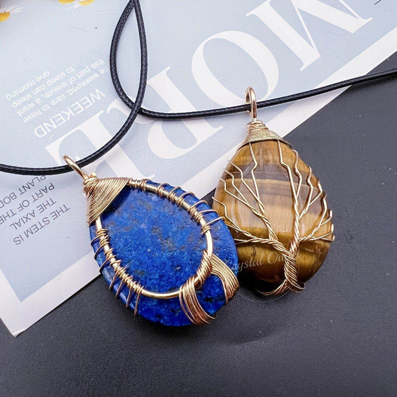 1pc Natural Crystal Droplet Cooper Tree Of Life Charm Pendant Necklace, Black Faux Leather Chakra Gemstone Jewelry Gifts For Women Men