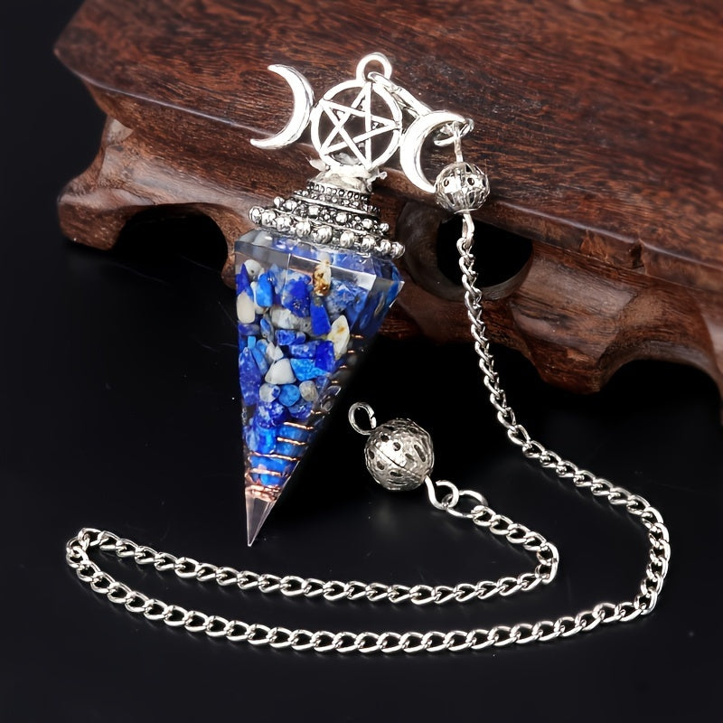 1PC Seven Chakra Gravel Resin Artificial Crystal Pendant, Divination Moon Chakra Hexagonal Cone Pendulum
