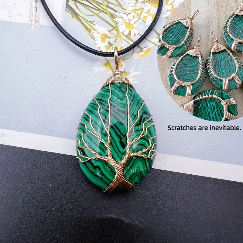 1pc Natural Crystal Droplet Cooper Tree Of Life Charm Pendant Necklace, Black Faux Leather Chakra Gemstone Jewelry Gifts For Women Men