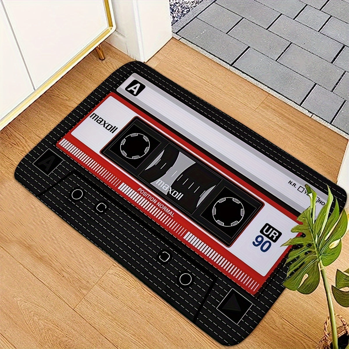 Retro Cassette Tape Design Soft Flannel Anti-Slip Rug Pad - Machine Washable, Rectangle, Braided Weave, Medium Pile, Machine Made Polyester, Non-Slip Backing for Kitchen, Bathroom, Indoor Entrance, Decorative Floor Mat for Li
