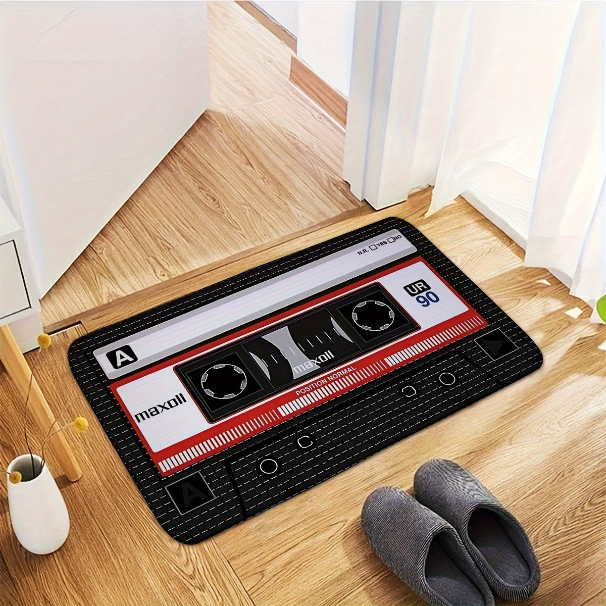 Retro Cassette Tape Design Soft Flannel Anti-Slip Rug Pad - Machine Washable, Rectangle, Braided Weave, Medium Pile, Machine Made Polyester, Non-Slip Backing for Kitchen, Bathroom, Indoor Entrance, Decorative Floor Mat for Li