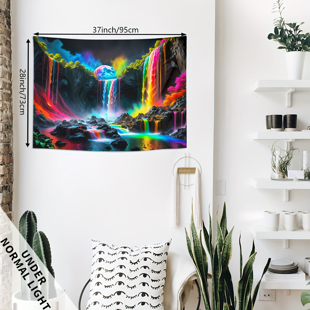 1pc  Waterfall With Rainbow Forest Nightscape Fluorescent Tapestry, Galaxy Nature Landscape Polyster UV Blacklight Tapestry, Holiday Gift, Wall Hanging For Living Room Bedroom Office Home Decor/Room Decor/Party Decor, With Fr