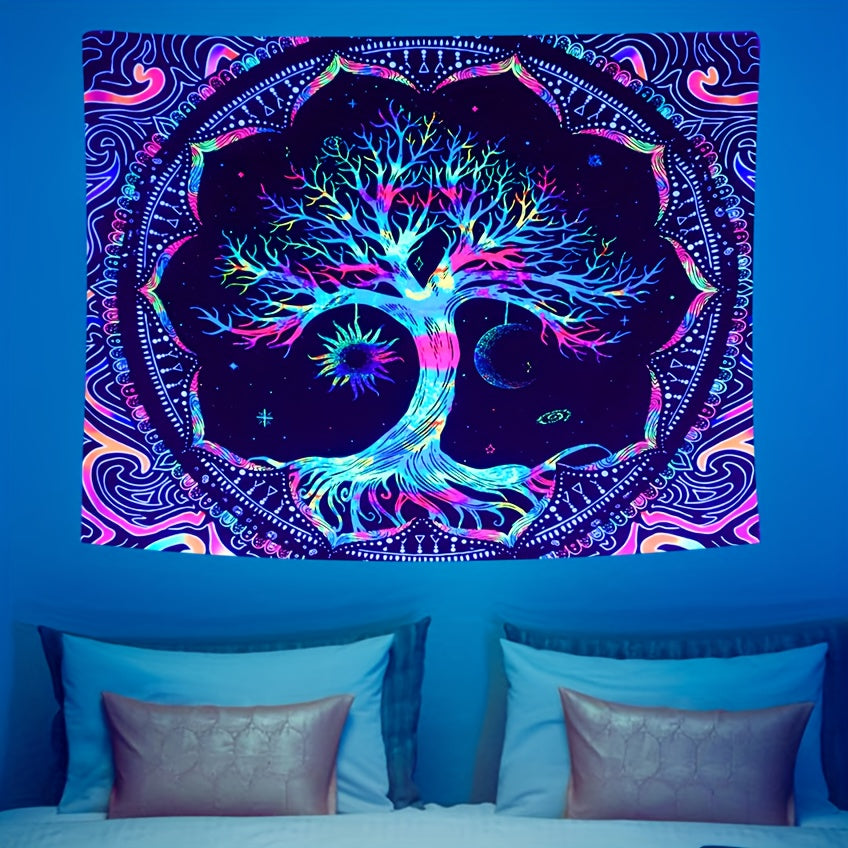 1pc Peach Skin 90gsm Psychedelic Tree of Life Black Light Tapestry, Psychedelic Mandala Fluorescent Hanging Cloth, UV Black Light Decorative Cloth, for Home Living Room Use
