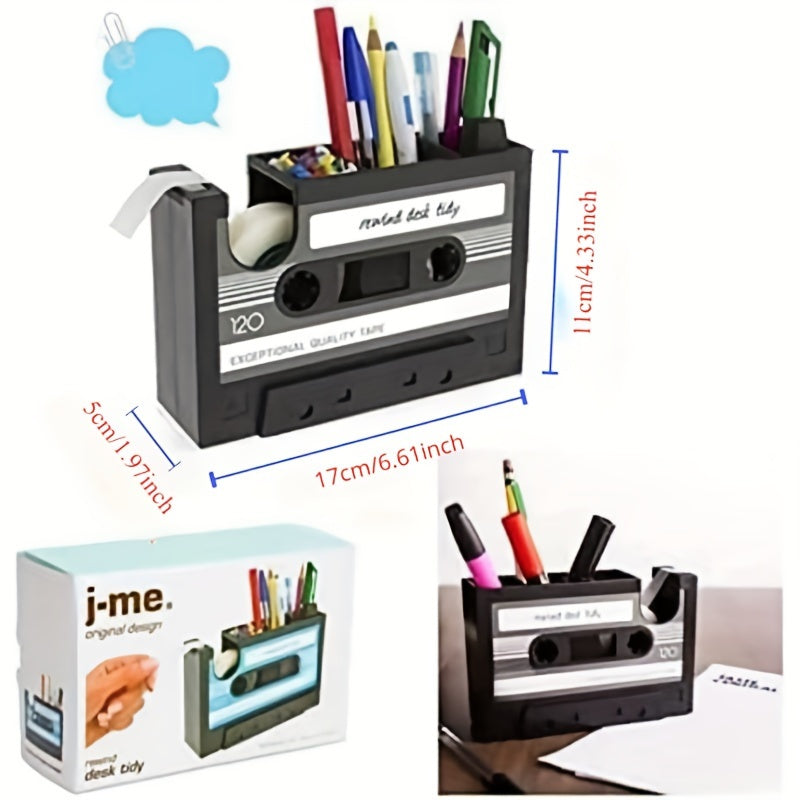 Retro Cassette Tape Dispenser & Pen Holder - Black ABS Resin Desk Organizer, Office Stationery Caddy with Vase Design