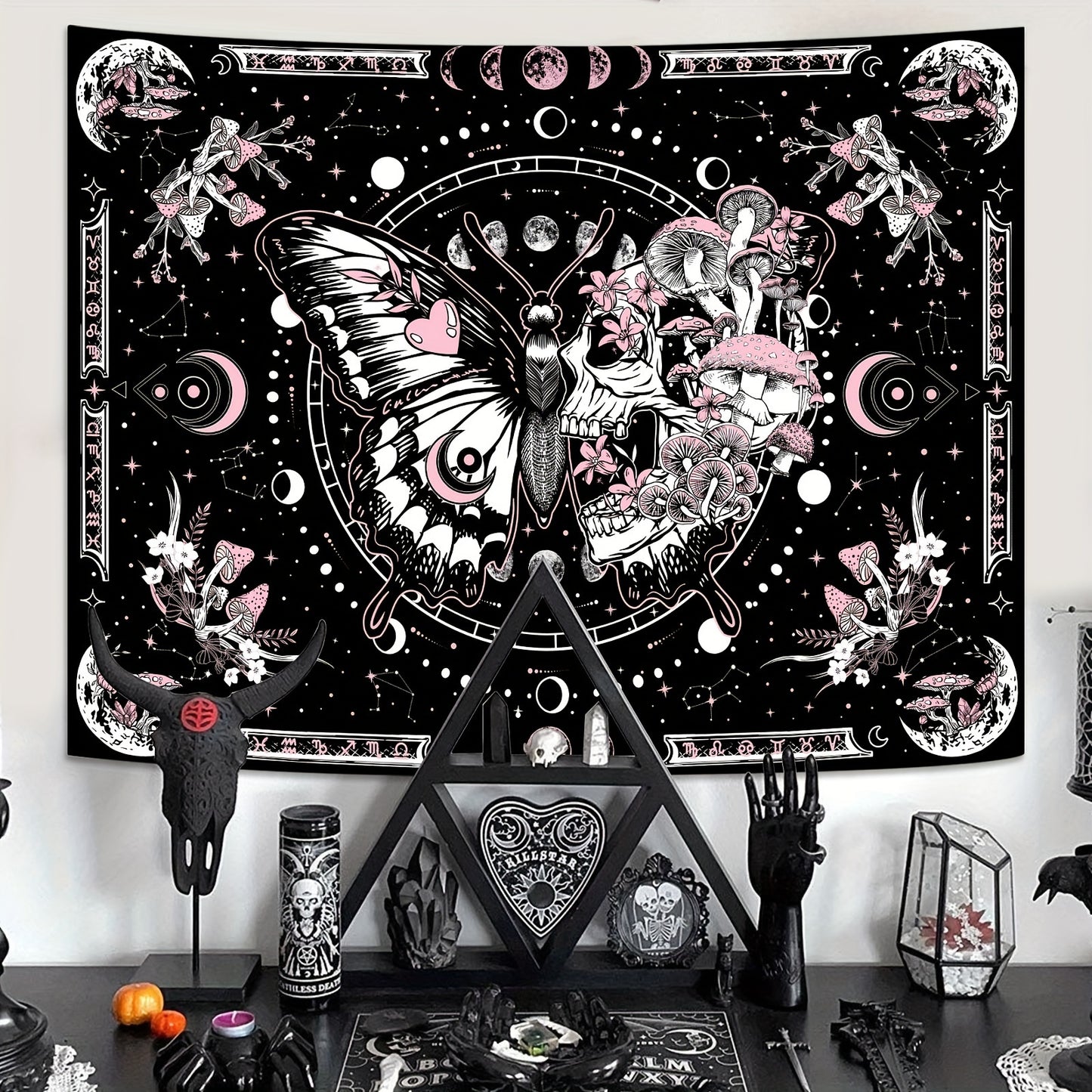 Skull Butterfly Tapestry Pink Skull Hippie Mushroom Plant Bedroom Tapestry Moon Phase Aesthetic Tapestry Living Room Dormitory Wall Hanging Tapestry Pink)