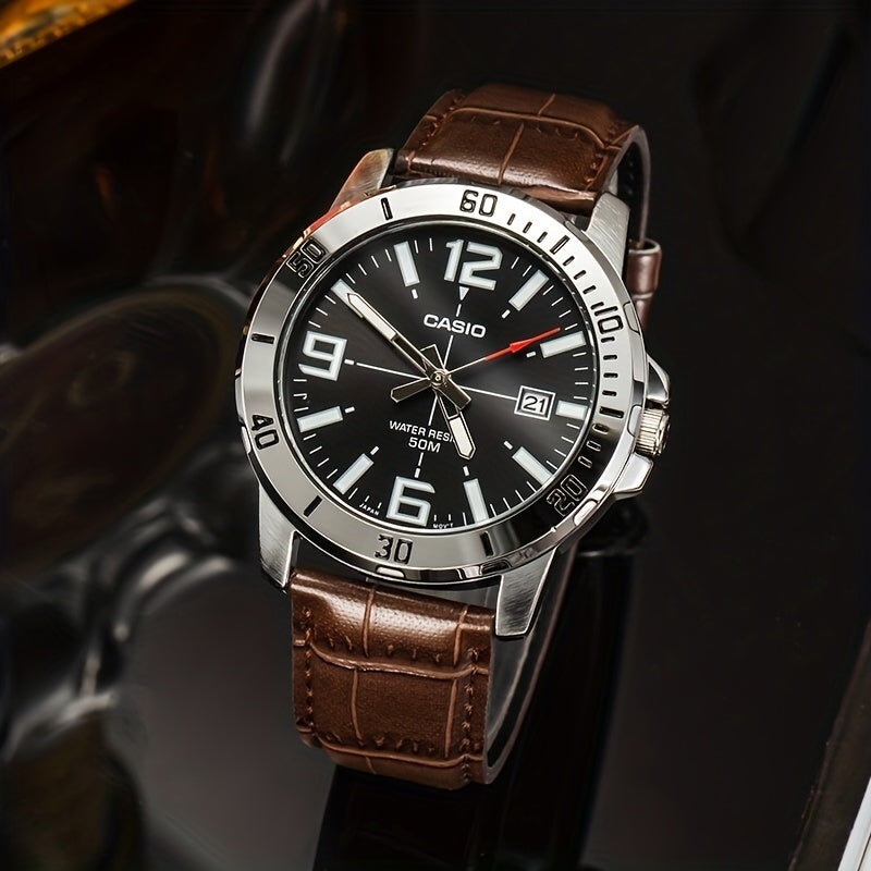 Casio Quartz Date Watch 50M Water Resistant Leather Strap