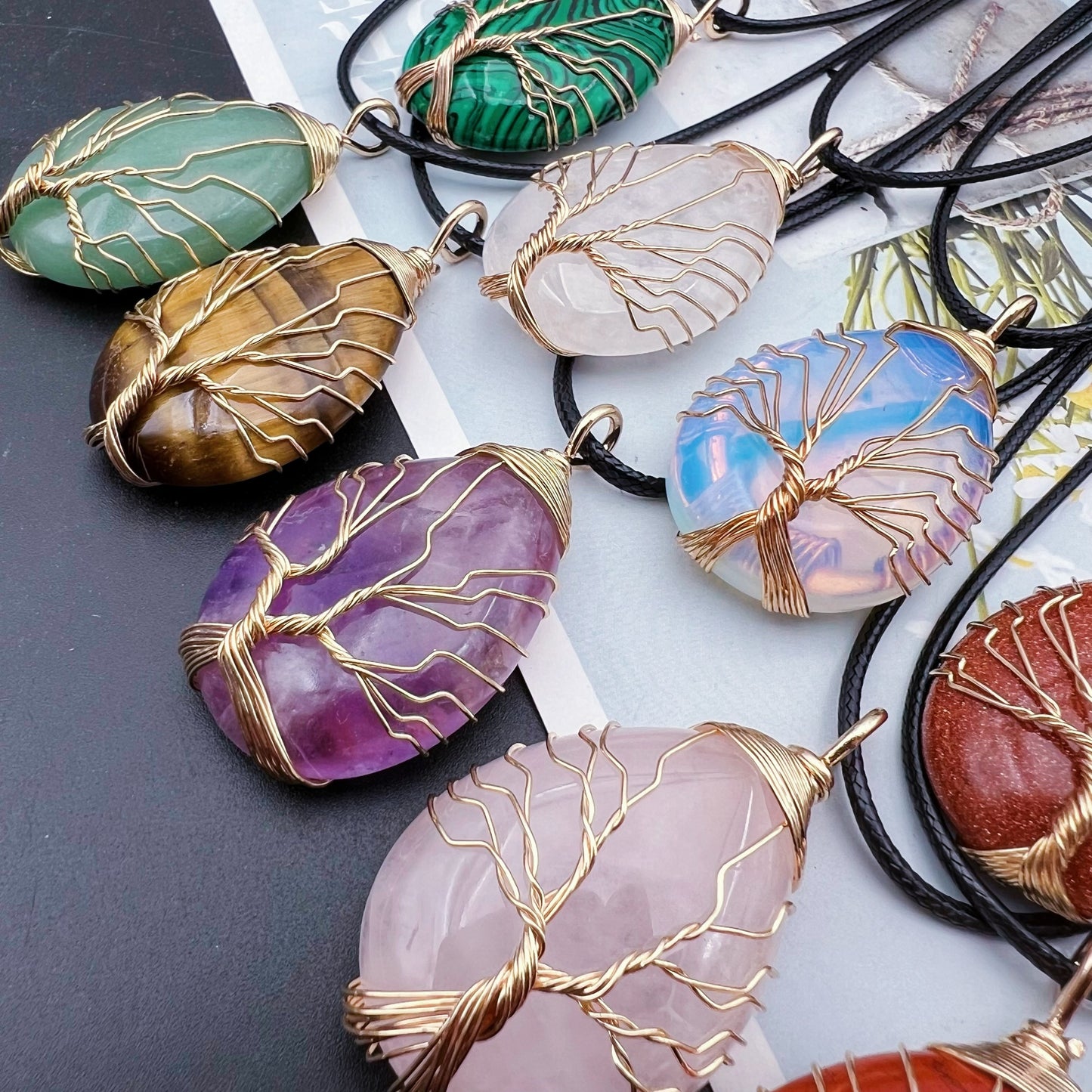 1pc Natural Crystal Droplet Cooper Tree Of Life Charm Pendant Necklace, Black Faux Leather Chakra Gemstone Jewelry Gifts For Women Men