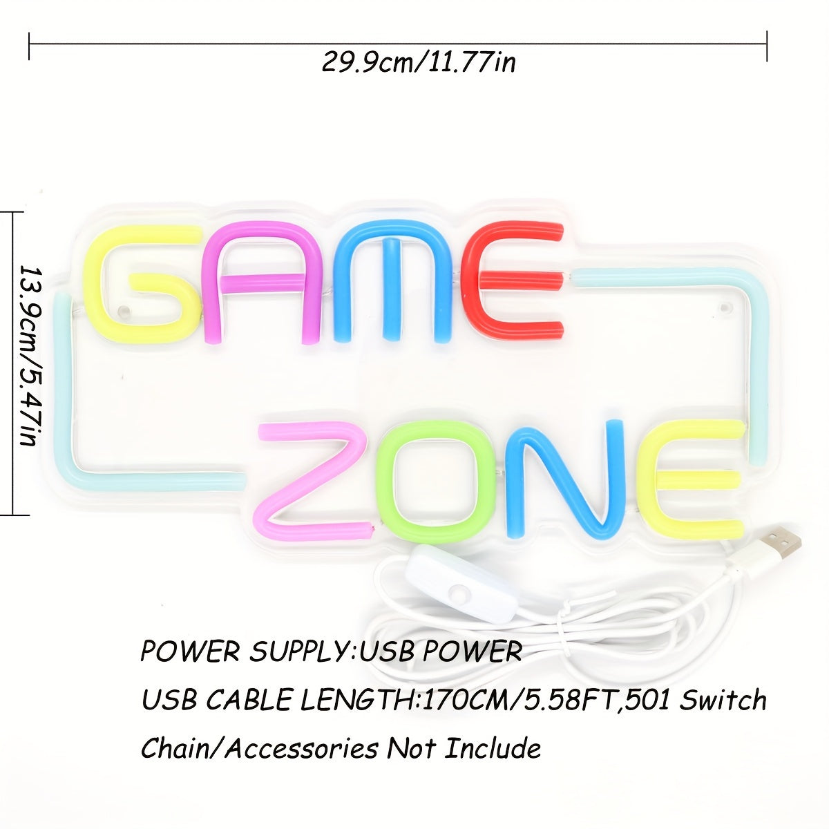Game Zone LED Neon Sign - USB Powered, Wall Hanging, Single Color, Multipurpose Night Light for Gaming Room, Home, Party, Pub, Club - 11.77'' x 5.47'', Plastic with Metal Finish, Switch Control