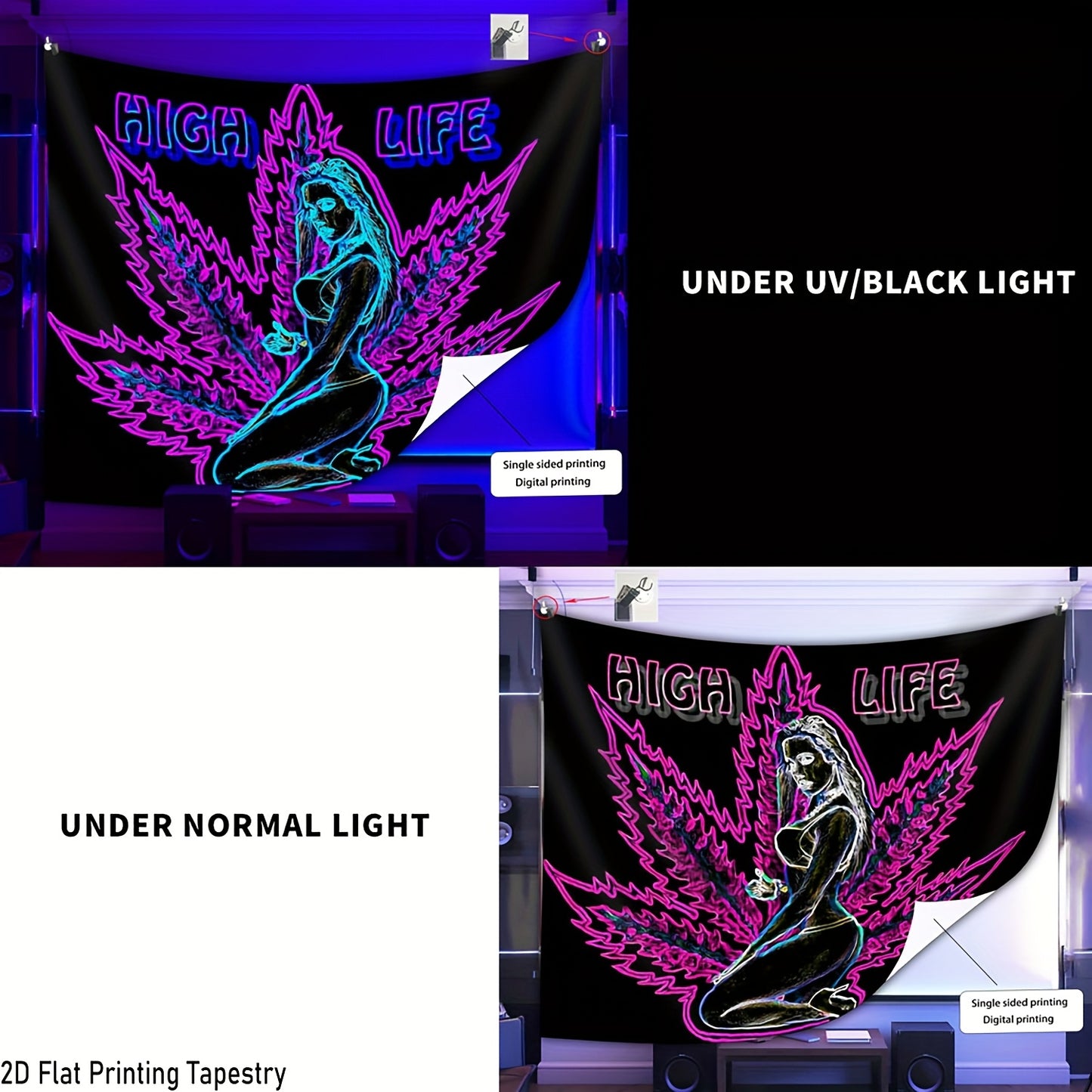 1pc High Life Leaf Pattern Fluorescent Tapestry - UV Black Light Wall Hanging for Living Room, Bedroom, Office & Party Decor - Easy Installation with Free Package, Bedroom Decor, Stylish Room Accent, Durable Room Accent