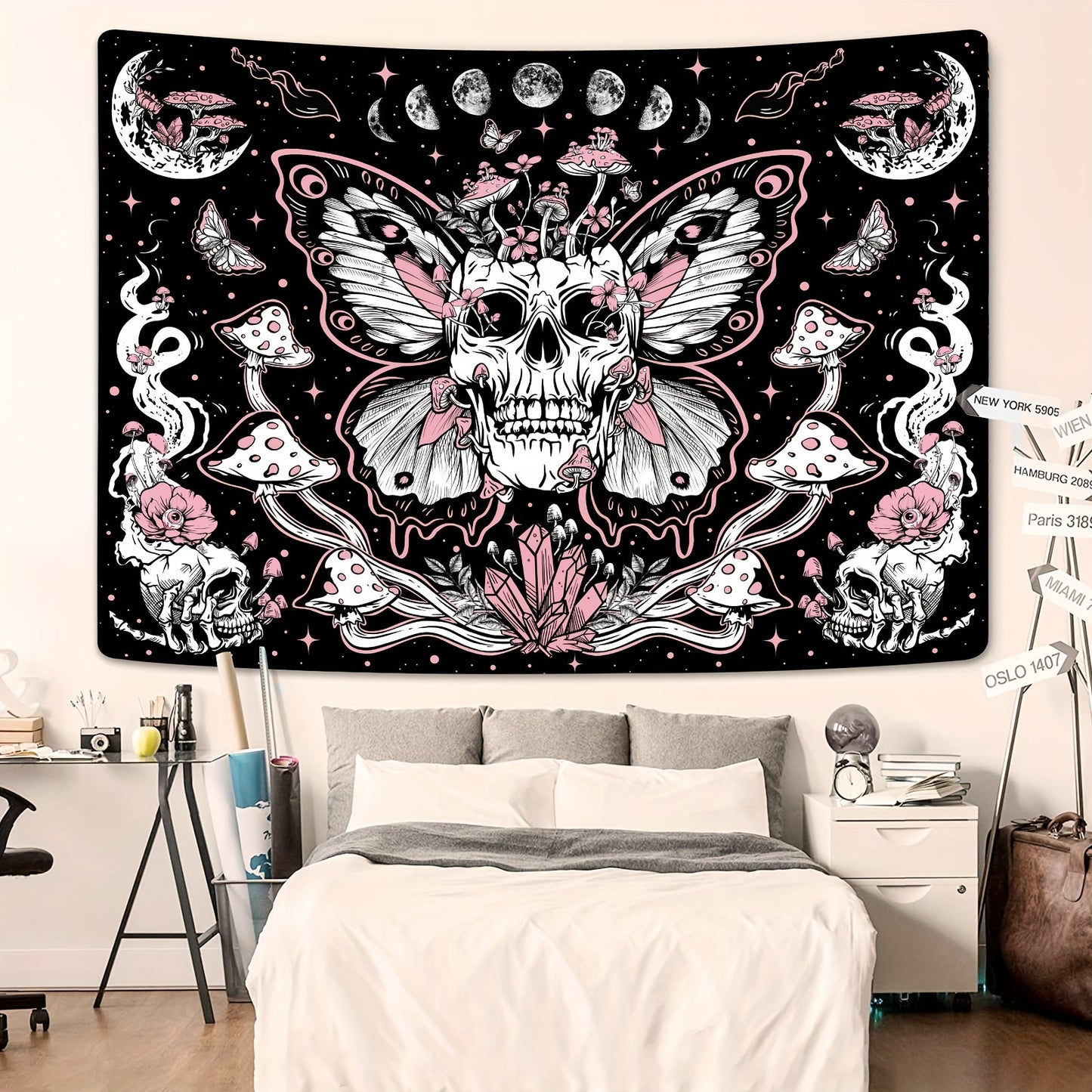 1pc Skull Floral Tapestry, Mushroom Skeleton Goth Tapestry Garden Aesthetic Tapestries For Bedroom Dorm Room Office Home Decor For Halloween