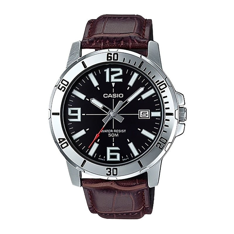 Casio Quartz Date Watch 50M Water Resistant Leather Strap