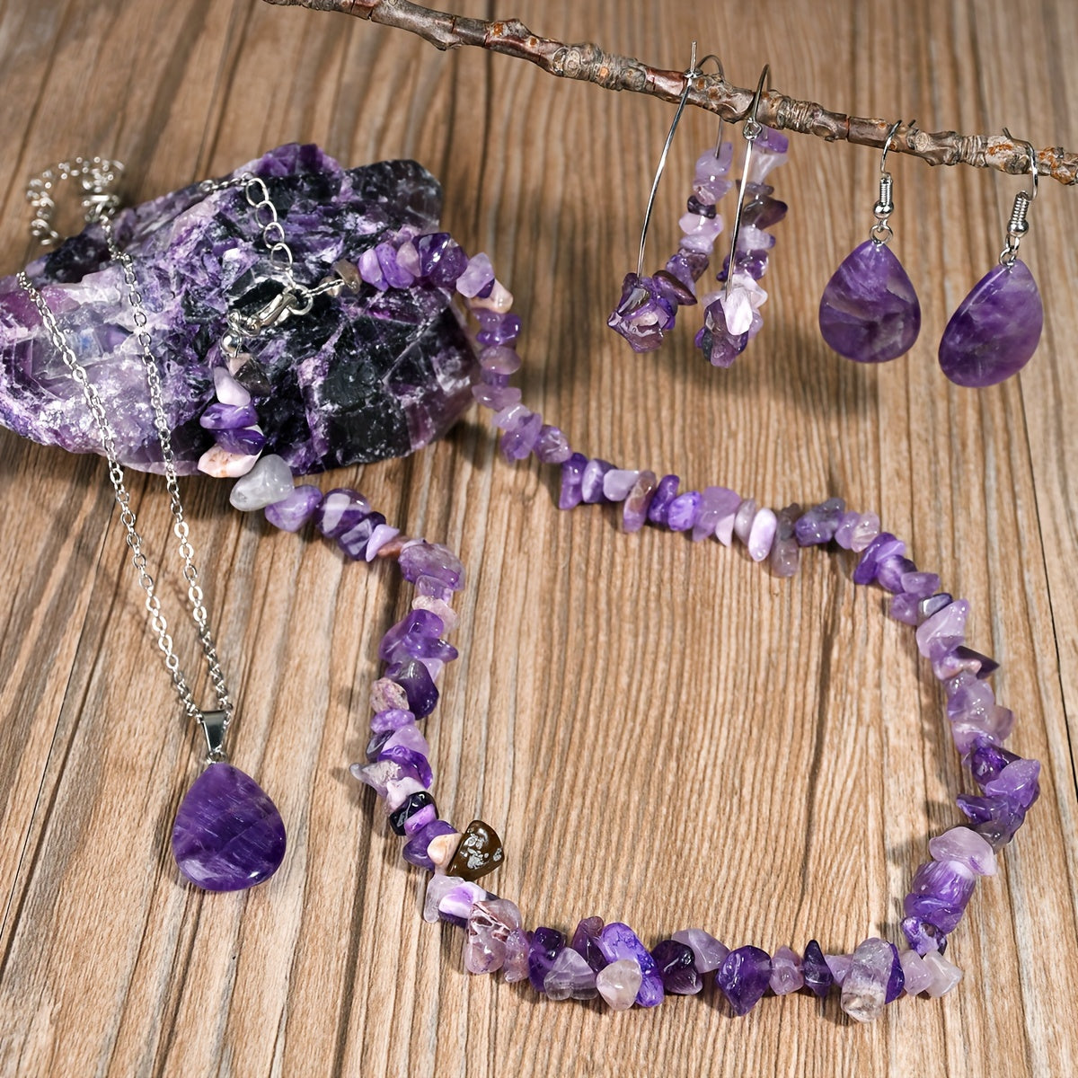6pcs Irregular Purple Crystal Necklace Earrings Set, Bohemian Fashion, for Daily, Holiday, Gift