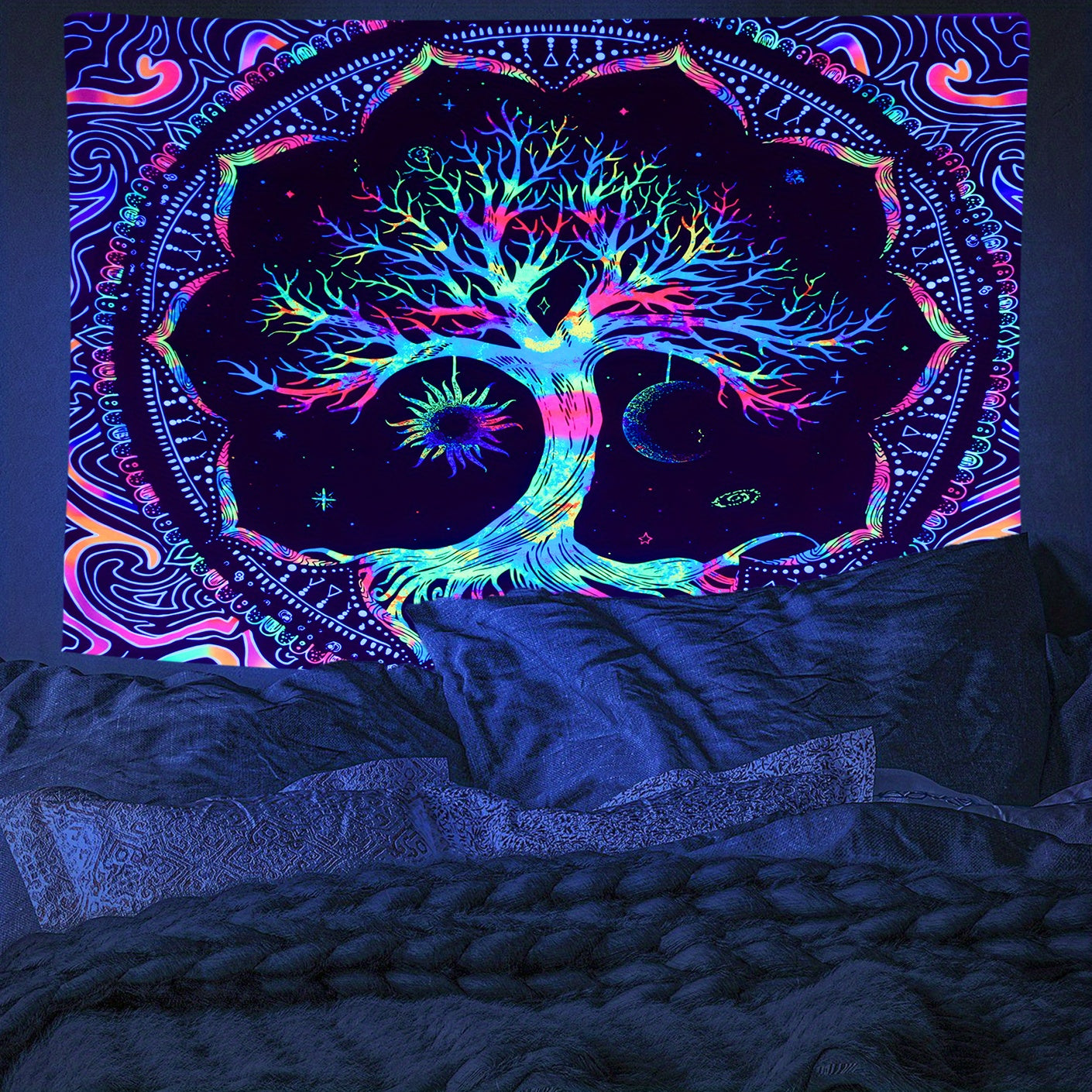 1pc Peach Skin 90gsm Psychedelic Tree of Life Black Light Tapestry, Psychedelic Mandala Fluorescent Hanging Cloth, UV Black Light Decorative Cloth, for Home Living Room Use