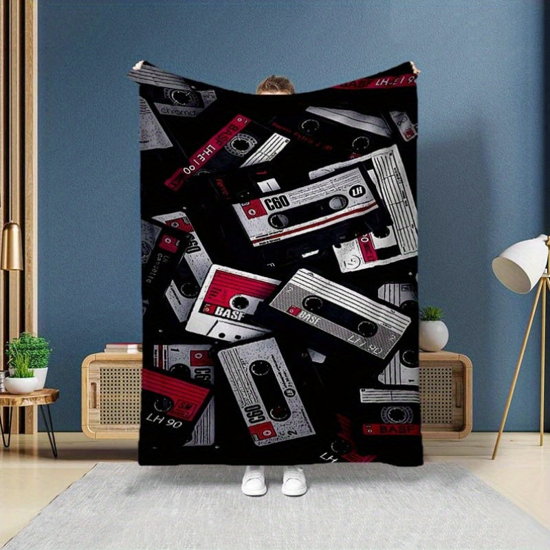 Retro Cassette Tape Design Soft Polyester Square Blanket for Sofa, Bed, Picnic, and Office Use - Comfortable and Cozy Art Print Throw Blanket