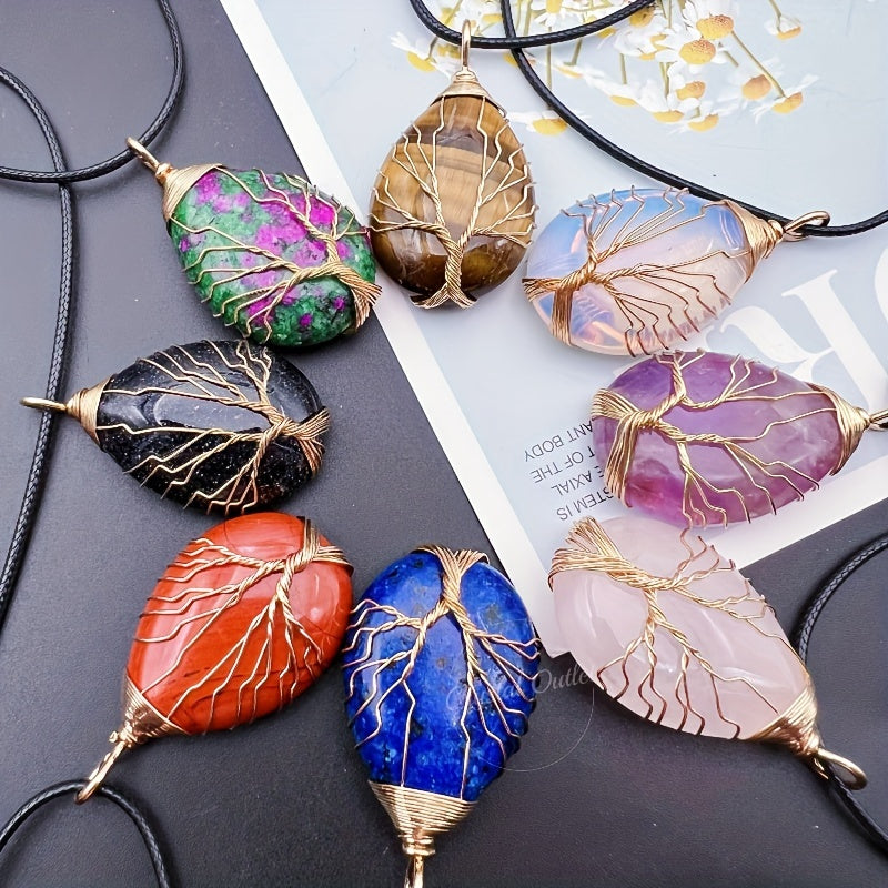 1pc Natural Crystal Droplet Cooper Tree Of Life Charm Pendant Necklace, Black Faux Leather Chakra Gemstone Jewelry Gifts For Women Men