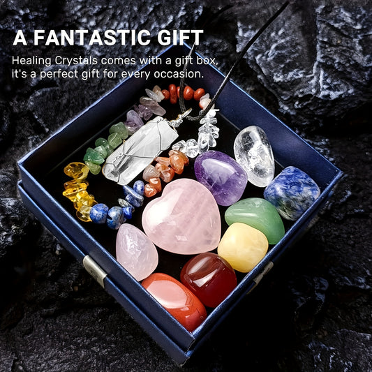 11pcs/set Crystals Gemstones Set, Raw Chakra Stones Colorful Bracelet & Heart Shape Gemstones & Hexagonal Crystal Necklace, Festival Gift & Collection