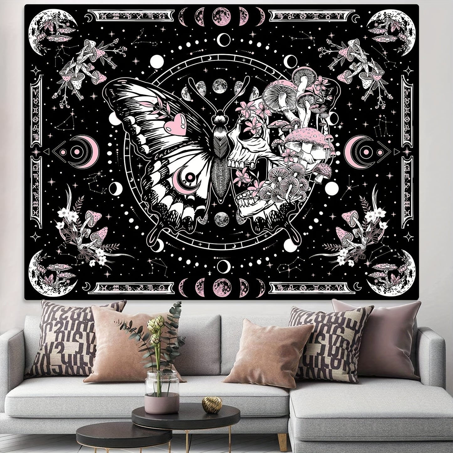 Skull Butterfly Tapestry Pink Skull Hippie Mushroom Plant Bedroom Tapestry Moon Phase Aesthetic Tapestry Living Room Dormitory Wall Hanging Tapestry Pink)